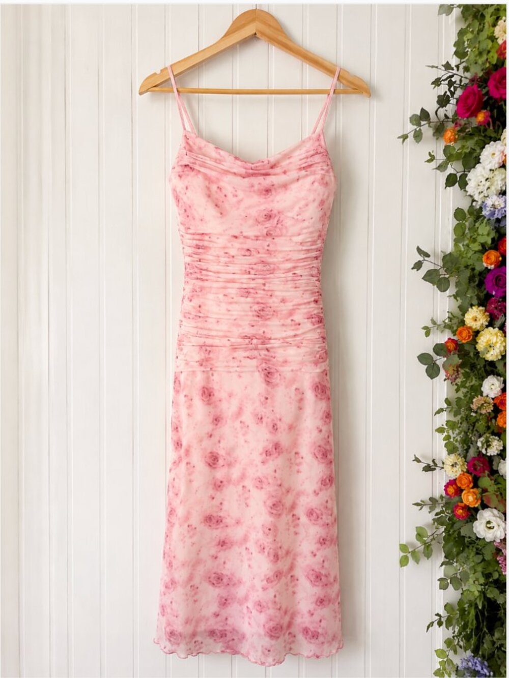 Pink Floral Ruched Midi Dress | NWOT